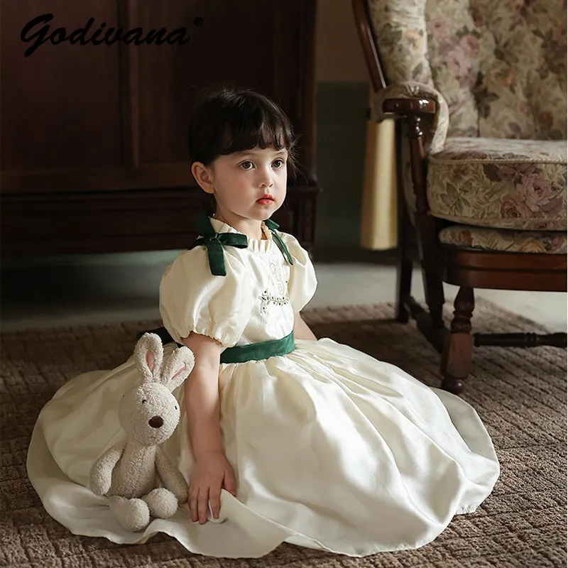 Baby Girls Lolita Princess Dress 2026 New Summer Short-sleeve Bow Ruffle Neck Puff Sleeve High End Embroidery Formal Party Gown
