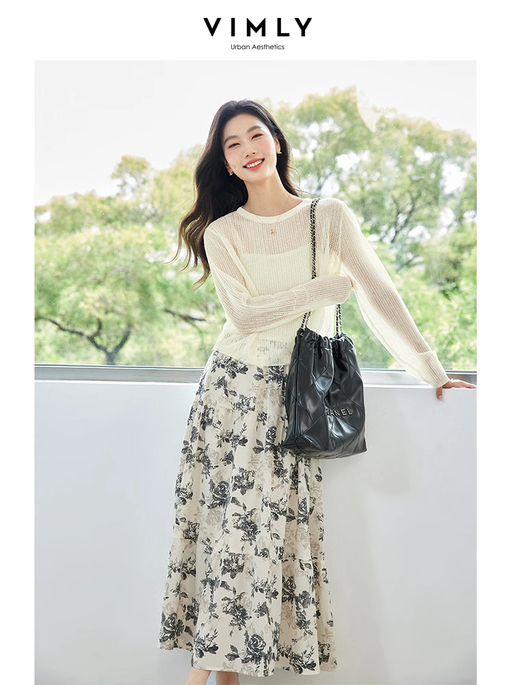 VIMLY Women's Casual Linen Skirt Set Autumn Commuter Chic Back Split Top + Sexy Camisole + Floral Skirt Holiday Style 3Piece Set