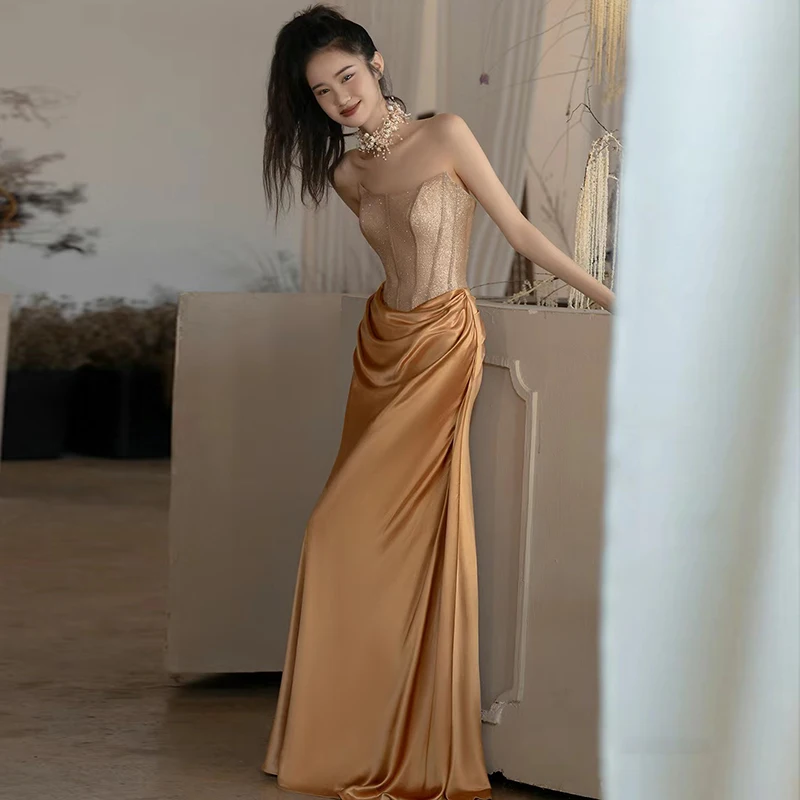 

Ele Off-oulder Long Dr Sexy Slimming Fi-Tail Design for Wedding Banquet Performance Korean Sle Mid-Waist Gown