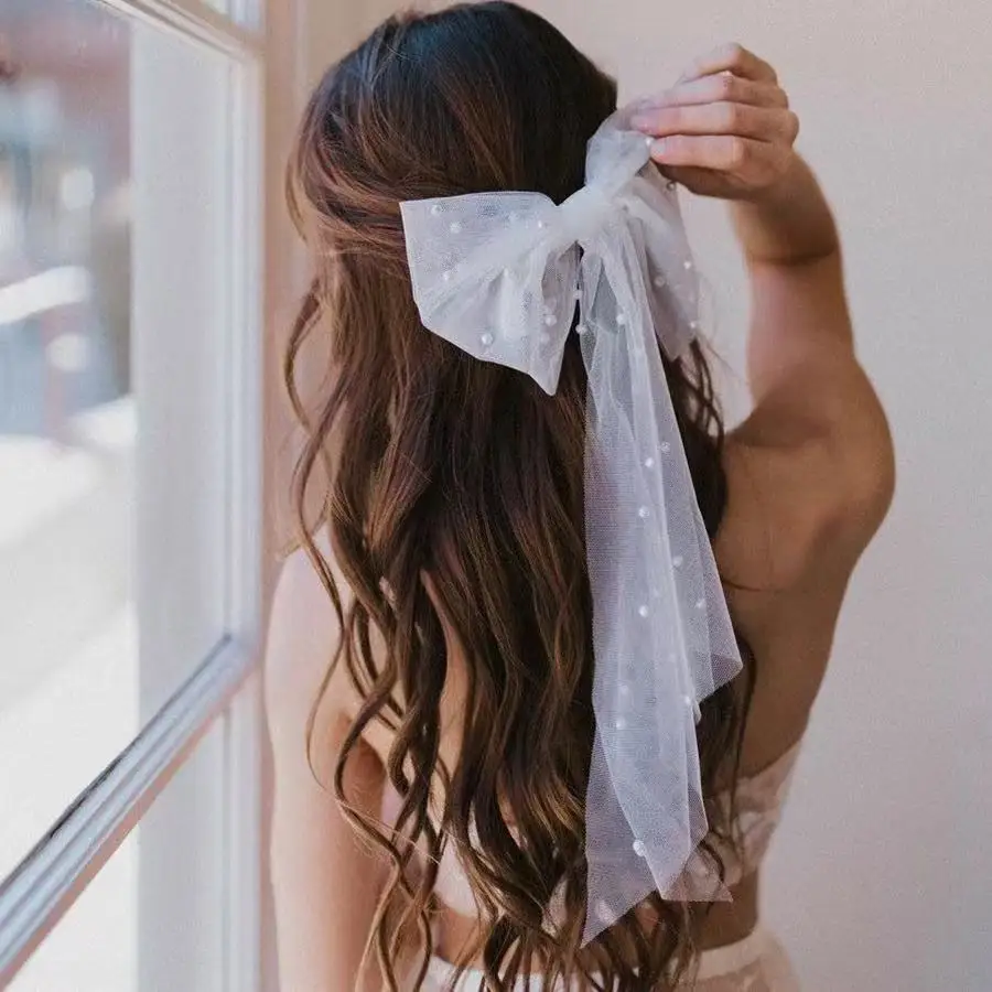 أنيقة الساتان اللؤلؤ Bowknot حجاب الزفاف القصير لينة تول طول الكتف طرحة الزفاف مع مشط #6