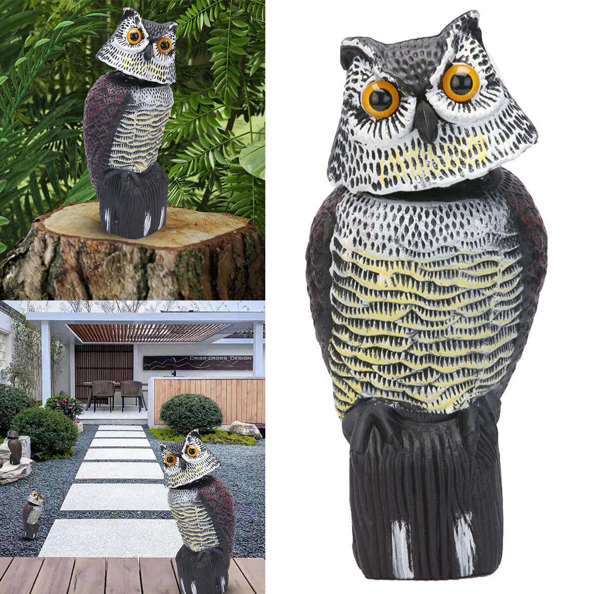 

1 Pcs Owl Decoy Rotating Head Large Realistic Bird Pigeon Crow Scarer Bird Deterrent Repellent Pest Control Scare Birds Away