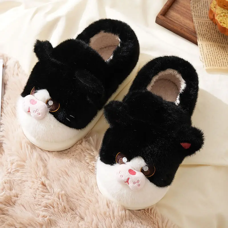 New Fun Fluffy Cat Slippers Woman Warm Heel Wrapped Home Shoes Women's Fuzzy Kitty Slip On Loafer Ladies Winter Room Fur Slides