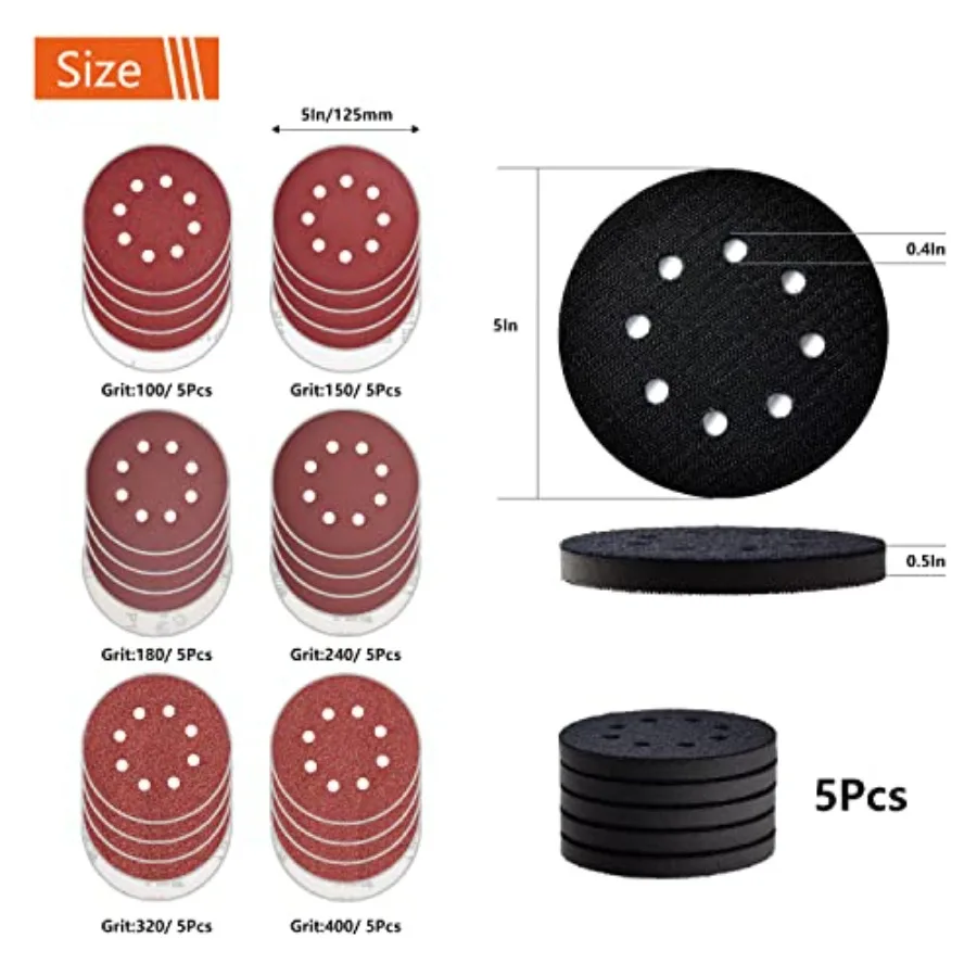 5 Pcs 5 inch 8 Holes Hook and Loop Backing Sponge Pad Soft Density Interface Pads Buffer Backing Cushion with 30 Pcs 5 inch San