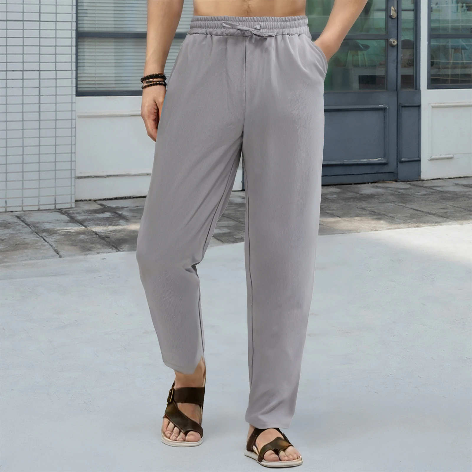 Spring and Autumn New Men's Pants Elastic Rope Solid Color Slim Fit Pants Fine Fiber Comfortable and Breathable Casual Style