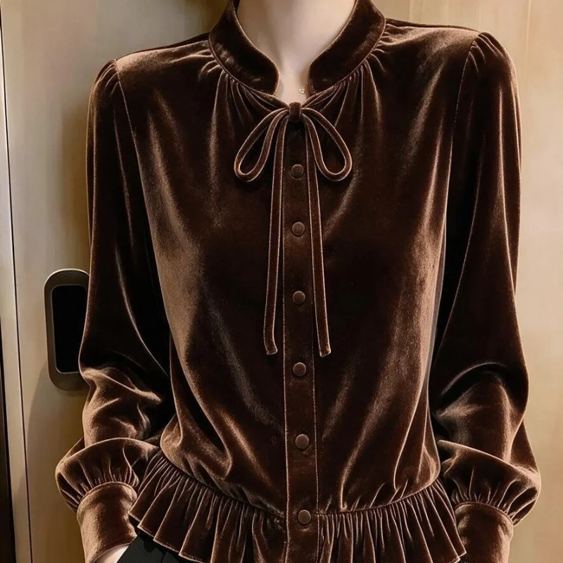 Brown Velvet Long Sleeve Blouse Stand Collar Bow Tie Lantern Sleeve Ruffled Hem Button Up Top for Women Autumn Winter