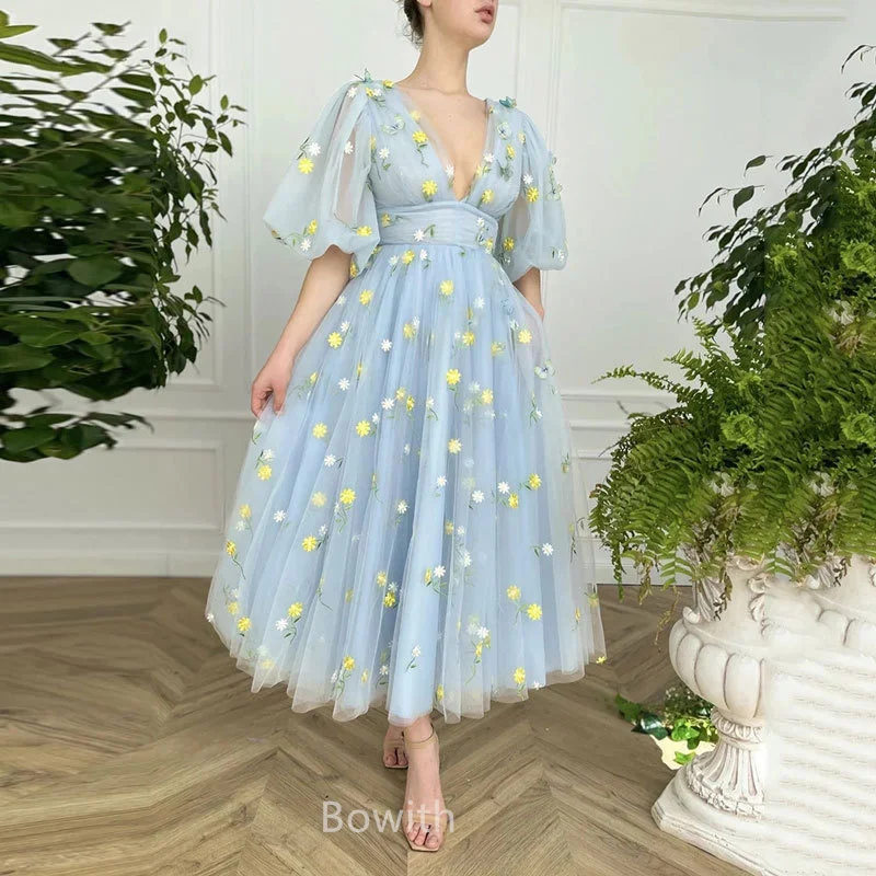 

Bowith Blue Women's Dresses Tulle Mid-Length Dancing Party Dress Puff Sleeve Elegant Wedding Party Gowns Embroidery Gowns