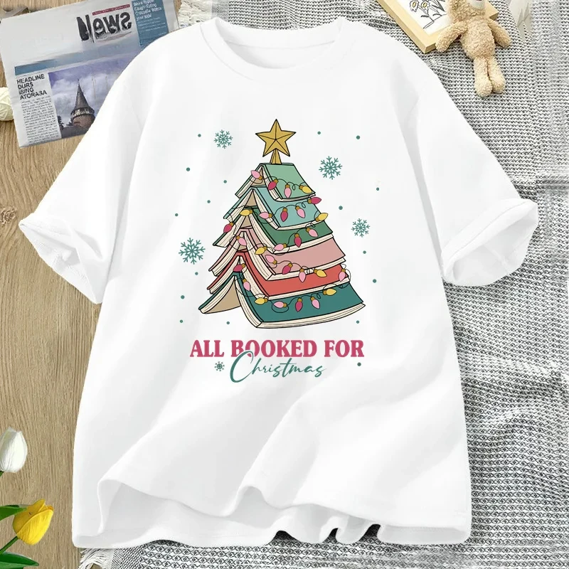 Book Tree Christmas T-shirt for Book Lovers Christmas Clothing Casual Cotton Short Sleeve Crew-neck Clothing for Men and Women