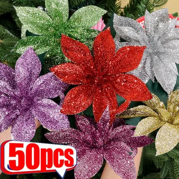 Glitter Yapay Noel Çiçekleri Noel Ağacı Asılı Dekorasyon Sahte Çiçekler Altın Gümüş Yeni Yıl Simüle Hediye Süsler