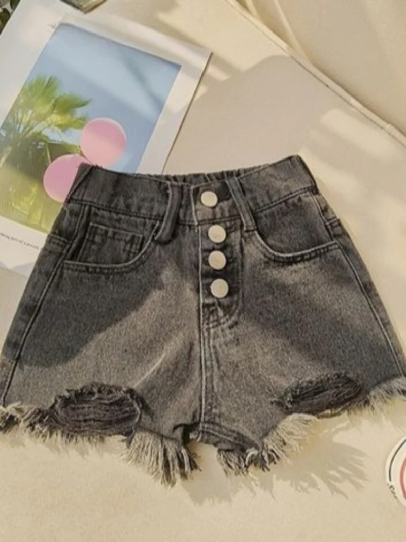 Girls' Distressed Jeans Summer Lightweight Black Stylish Versatile Casual Wear