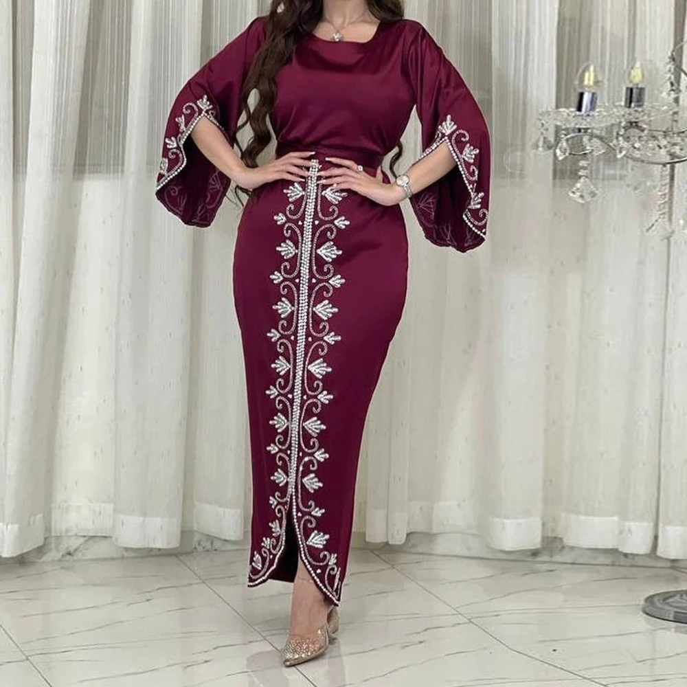 中東女性のドレスクロスボーダーアラブドバイローブファッショナブルなダイヤモンドがちりばめられたソフトサテンイブニングドレス-GZXX568