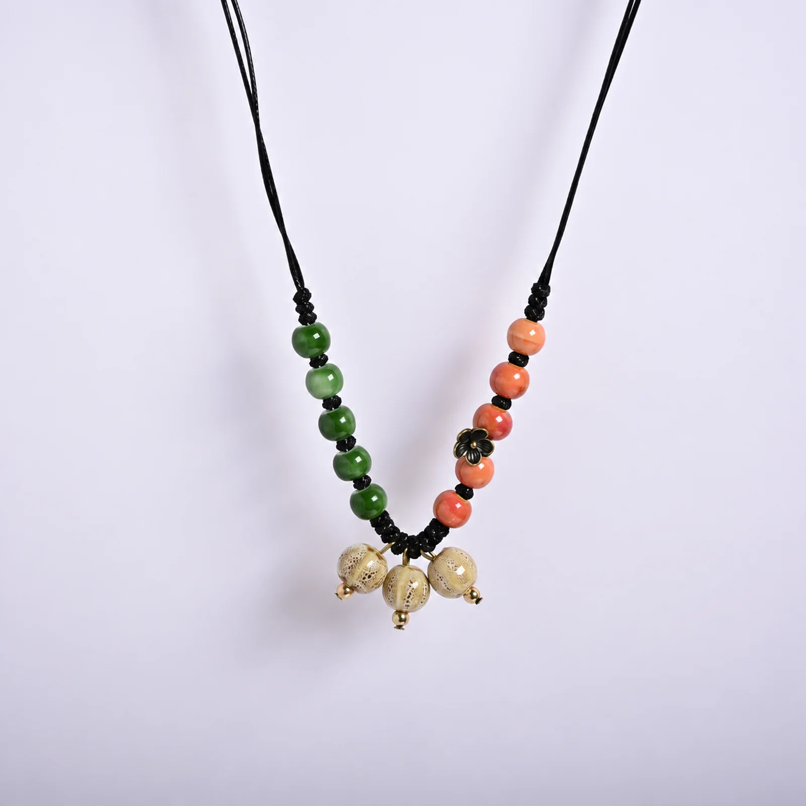 Handmade Ceramic Necklace with Waxed Cord Woven Details Metal Accents Five Elements Flow Seven Immortal Fate Design 609P3-16