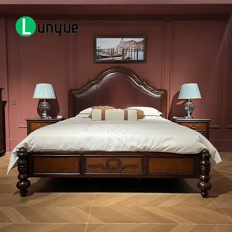 American Light Luxury Square Upholstered Solid Wood Bed Carved Leather Soft Comfortable Bedroom Furniture