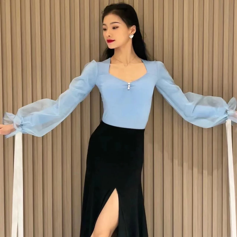 เสื้อเต้นรำละตินแขนยาวลายนางฟ้าผ้าโปร่งบางสำหรับผู้หญิงเสื้อผ้าเต้นรำบอลรูมสำหรับการแสดงวอลซ์ L13392ชุดรัดรูปสีฟ้าสีแดงสีดำ