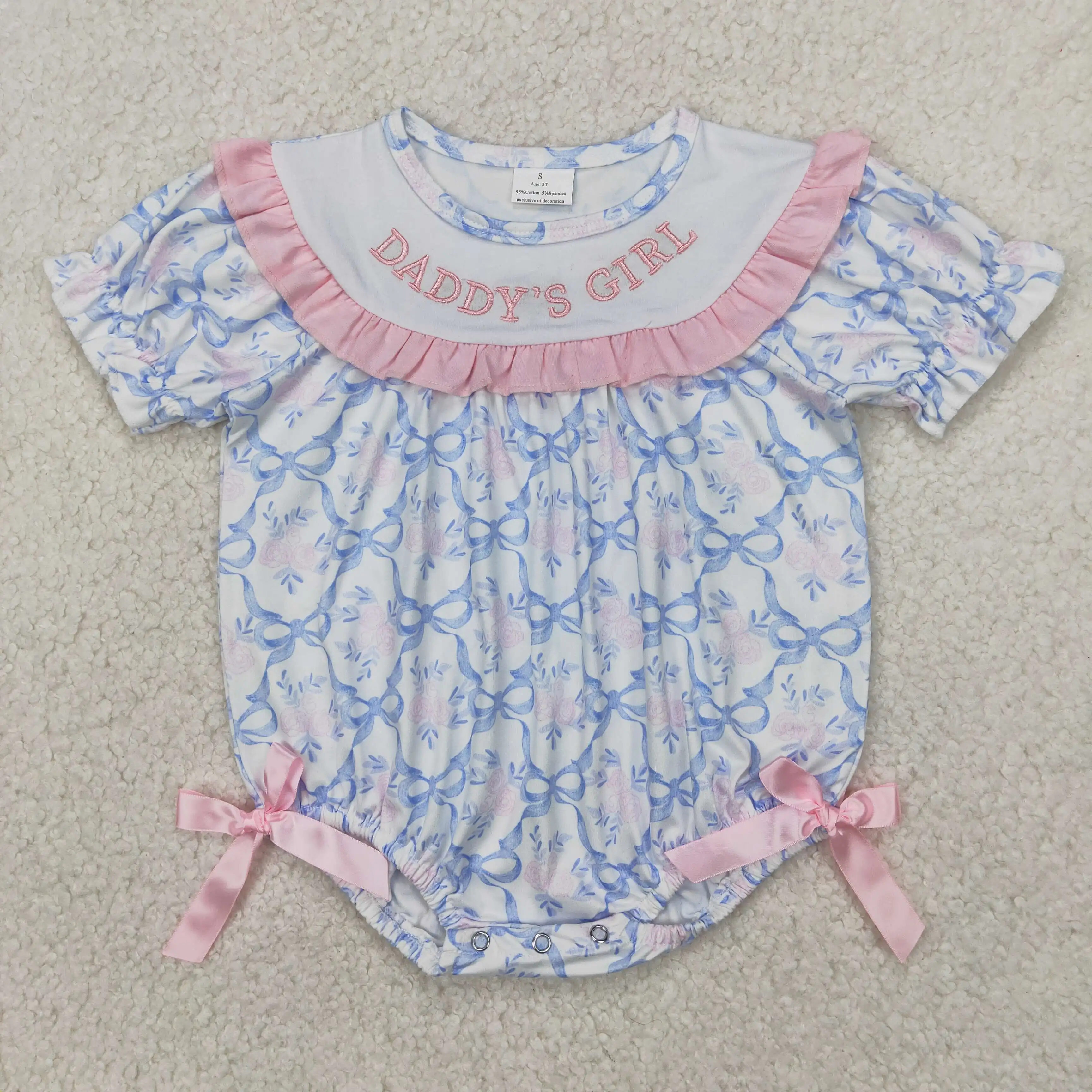 

4.1y NEW stock infant girls romper wholesale boutique National Day bow pattern blue lace flying sleeve rompers