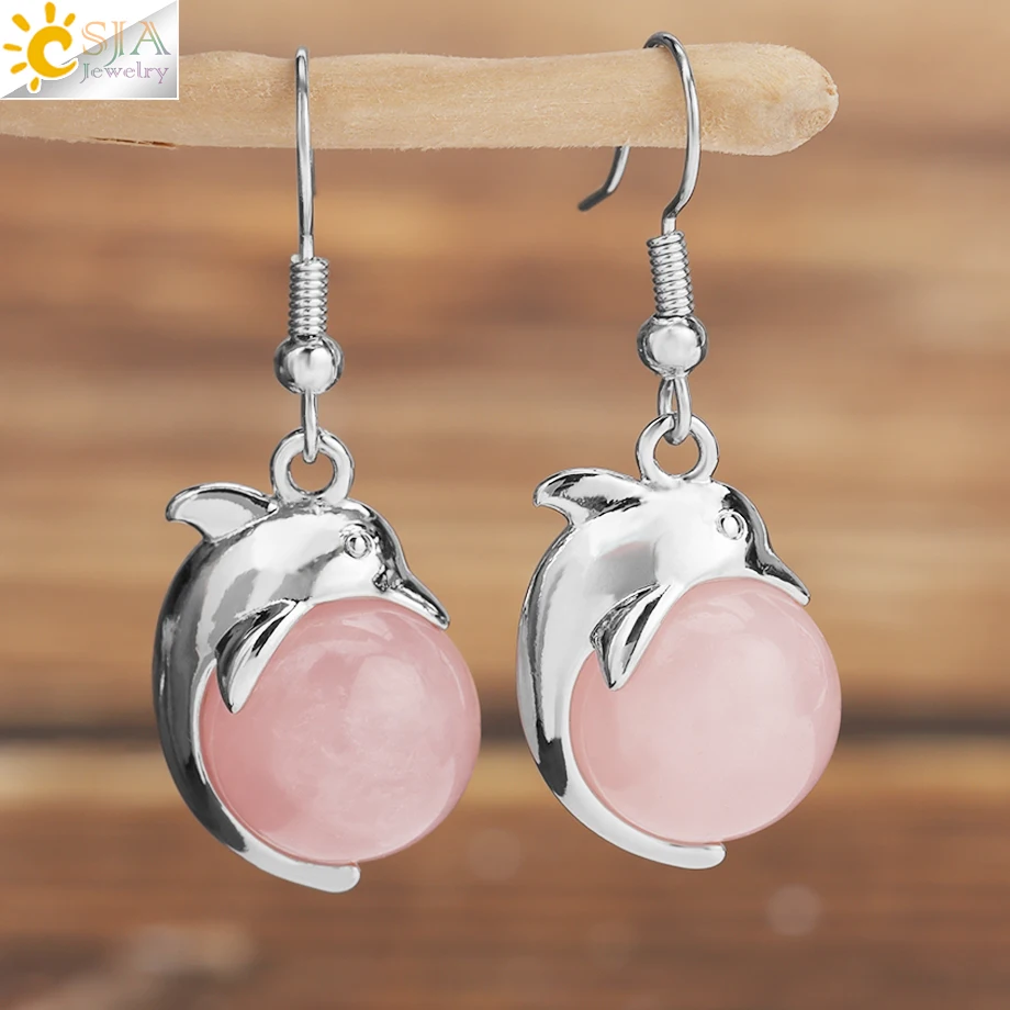 CSJA-Bonito Animal Golfinho Brincos, Pedra Natural Rodada Dangle Brincos, Bola de Cristal Talão Brinco Gota, Acessórios Jóias, H326