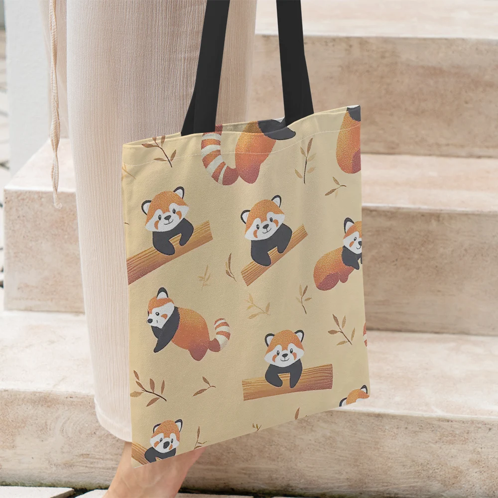 1Pc Chic Fashion Red Panda Printed Reusable Portable Handbags Shoulder Tote Bag For Beach Travel Weekender Gym Grocery Shopping