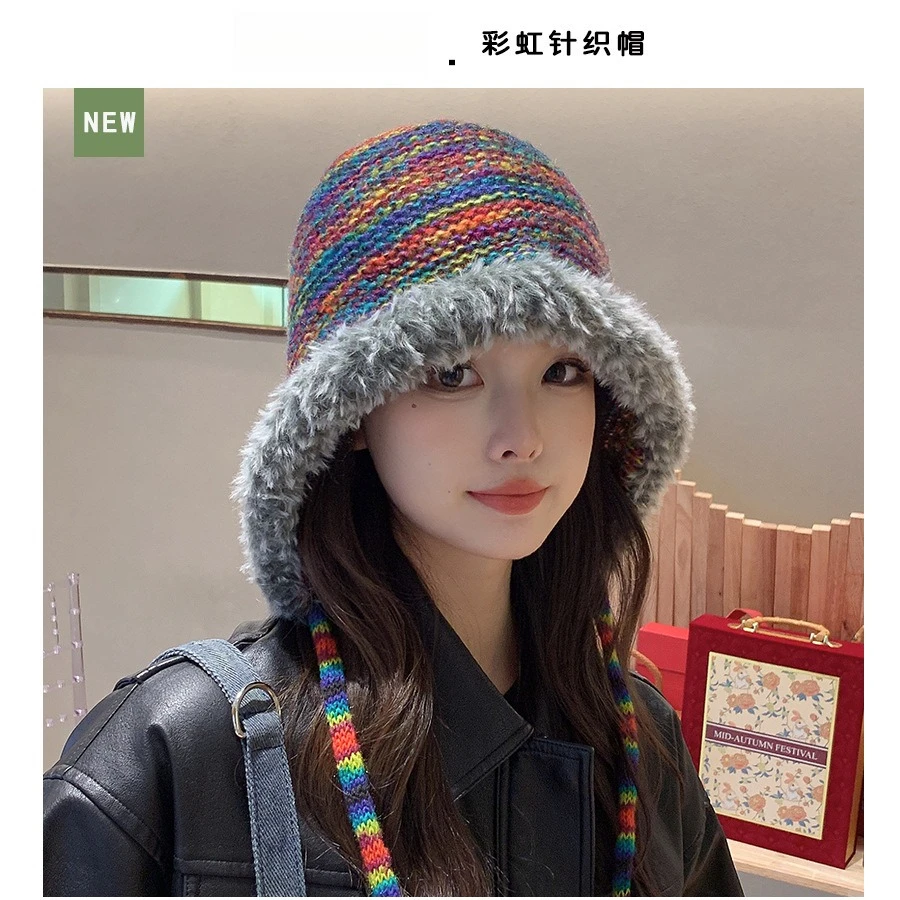 Xiaohongshu Rainbow Knitted Hat Plush Edge Strap Wool Hat Cute Age Reduction Versatile Ear Protection Warm Hat Rainbow Hat
