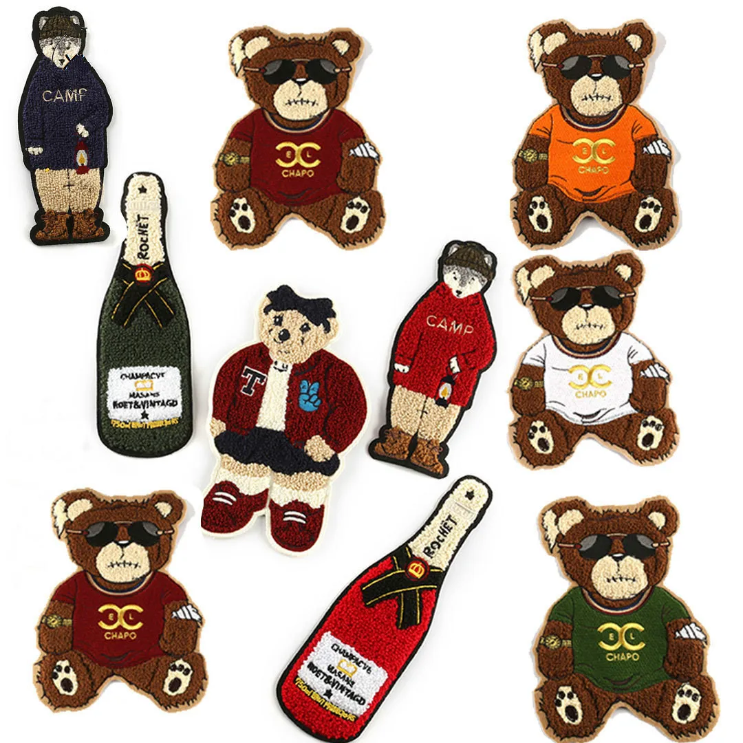 Cool Bear Sunglasses Chenille Towel Embroidery Cartoon Patches Custom Sew on Badge Super Quality Patchwork Sticker Appliques