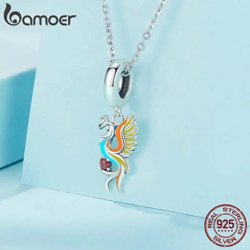 Bamoer 925 Sterling Silver Colorful Enamel Phoenix Pendant Charms Permanent Bird Hanging Beads for Women Bracelet & Necklace DIY