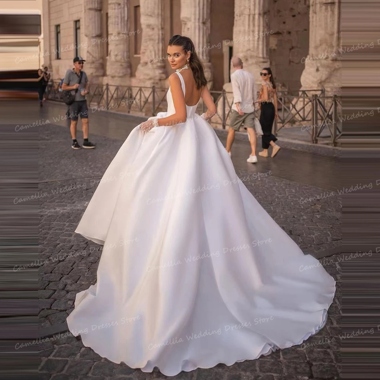 Luxury Square Collar Wedding Dresses A Line Women's Sexy Sleeveless For Bridal Gowns Sweep Train Elegant Vestidos De Novias 2024