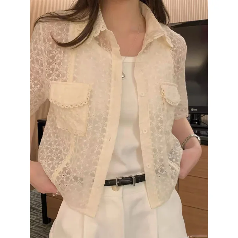 

Korean Style Lace Embroidery Short Sleeve Women's Shirt Stand Collar Breathable Summer New Fashion Versatile Quality Design