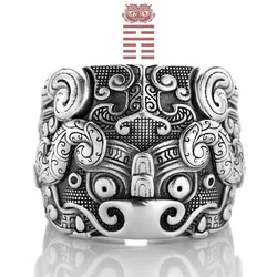 Vintage Divine Beast Dragon Pattern Chinese Style Dominant Cattle 925 Thai Silver Mens Rings Exquisite Cutting Process Jewelry
