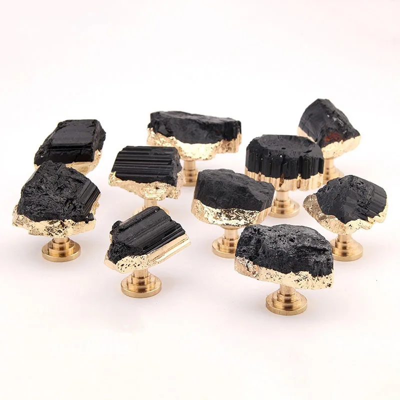 1pcs Luxury Natural Black Tourmaline Brass Single Hole Handle Drawer Knobs Kitchen Cupboard Pull Wardrobe Door Jewelry Box Hook