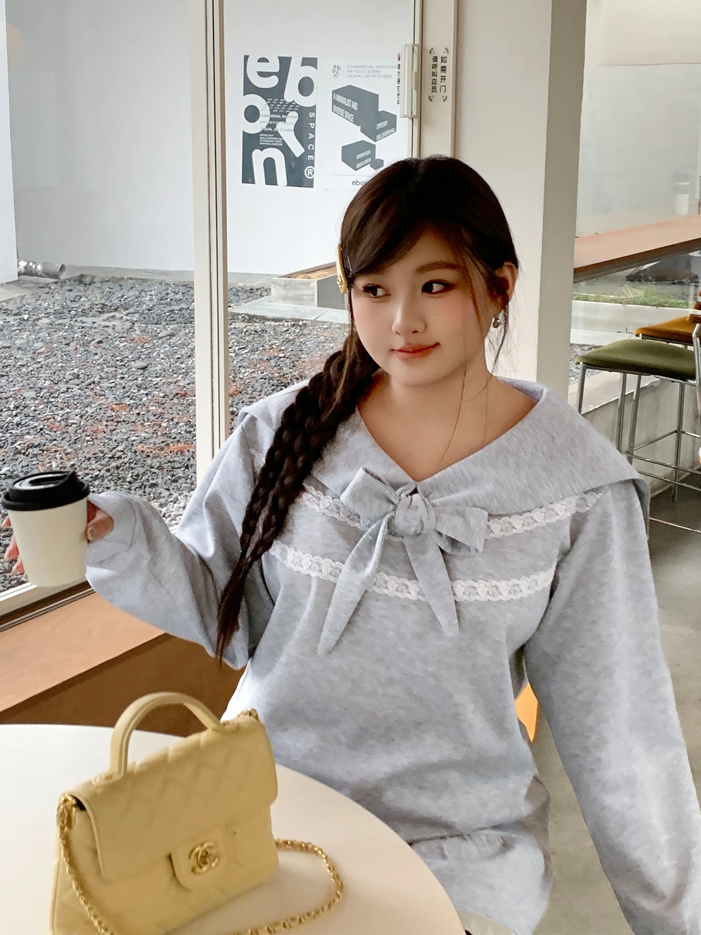 

Свитшот YUZI с воротником-стойкой и кружевной отделкой, больших размеров, в университетском стиле, свободного кроя, женская одежда