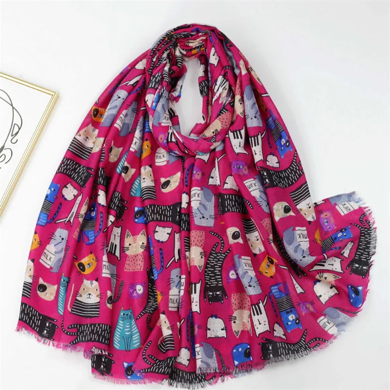 Cartoon Cute Milk Cat Printed Scarf Tassel Warm Viscose Shawl Scarf Long Lightweight Sunshade Shawls For Women Pashmina Stole