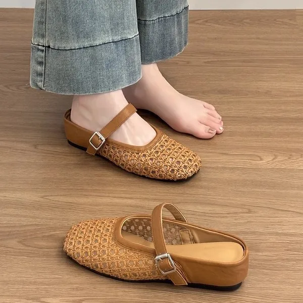 White Hollow Crochet Mary Jane Mule Slippers Women Adjustable Buckle Strap Square Toe Breathable Backless Flat Shoes