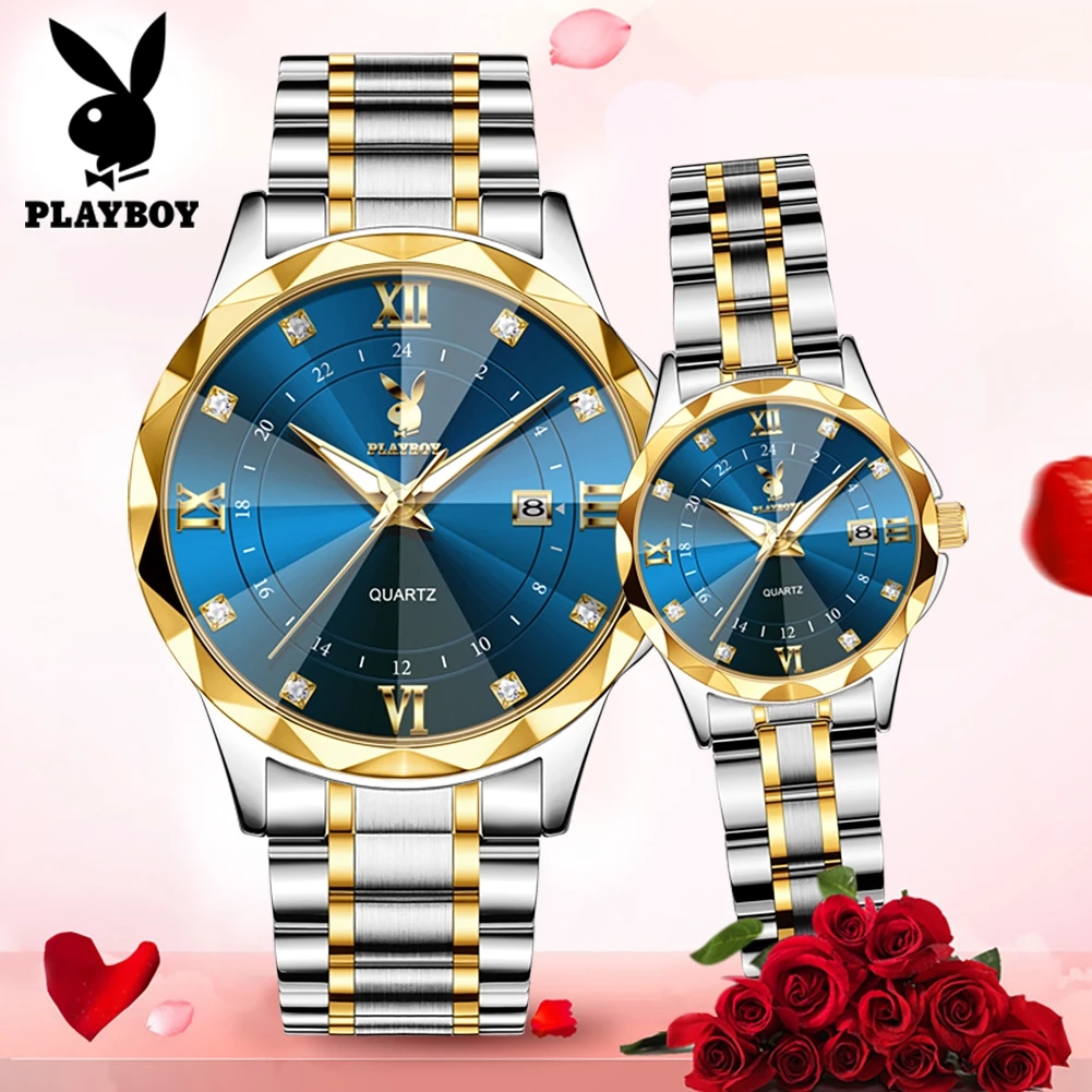 PLAYBOY 3501 Fashionable Brand Couple Watches Zirconia Diamond Luminous Original Quartz Movement Steel Bracelet Waterproof Watch