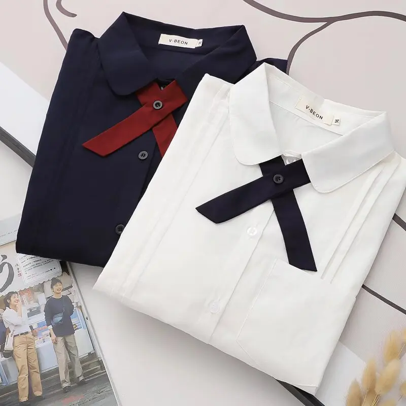 

High Quality 100% Cotton White Blouse Japanese Jk Uniform Shirt Women Sweet Preppy Lace Ruffles Long Sleeve Button Blouses Tops