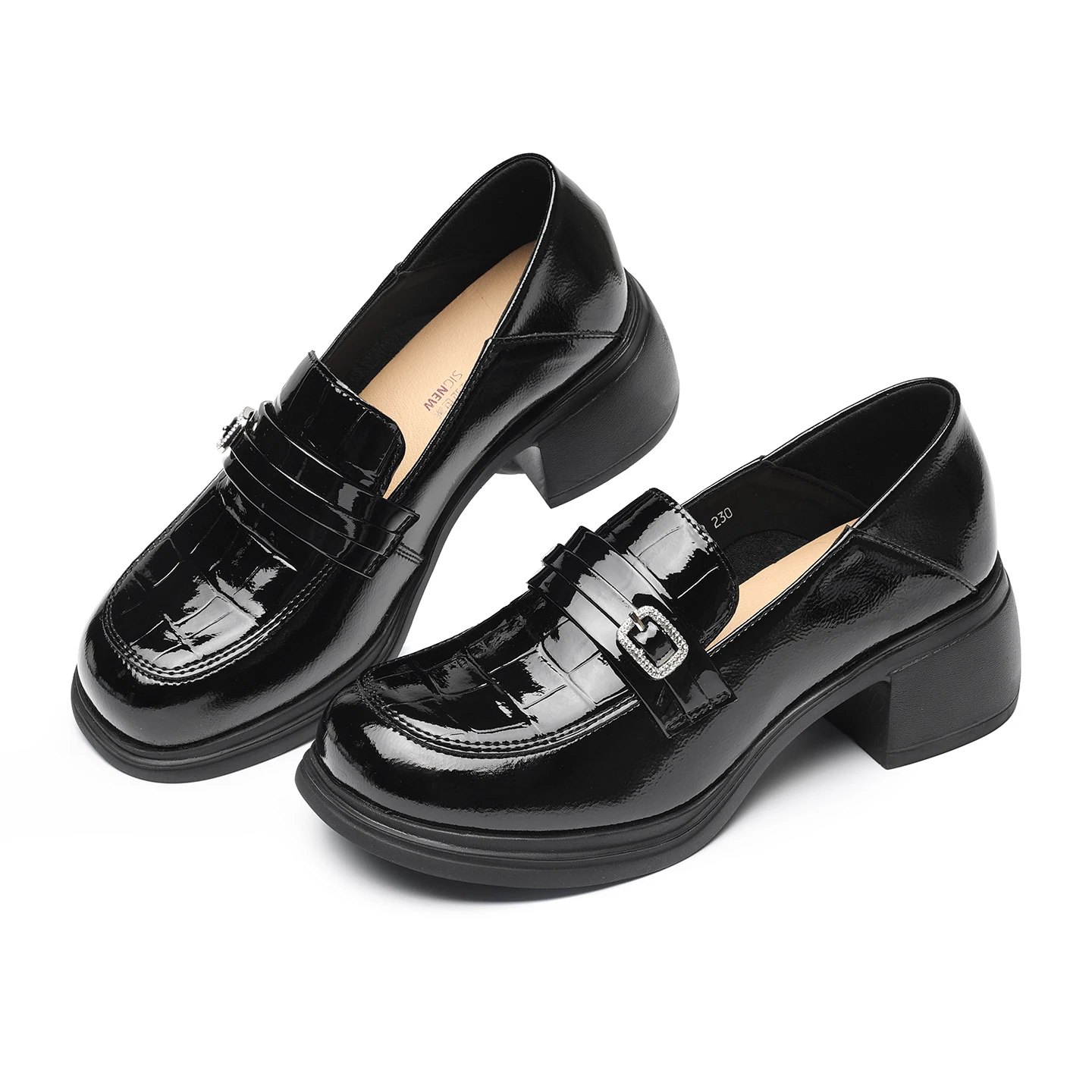 

Женские блестящие лоферы на массивном каблуке с квадратной пряжкой, на толстой подошве, в британском стиле, с мягкой подошвой, удобные для повседневной носки