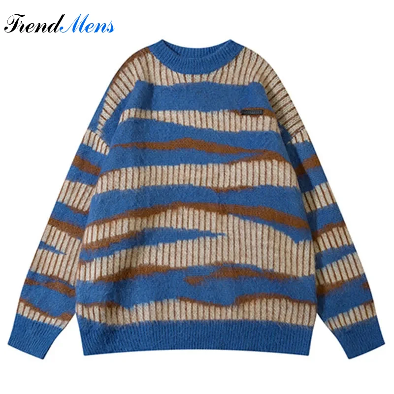 

2023 Mohair Striped Sweater Men Winter Cashmere O-Neck Pullovers Knit Hip Hop Harajuku Knitted Jumper Sweaters Vintage Oversized