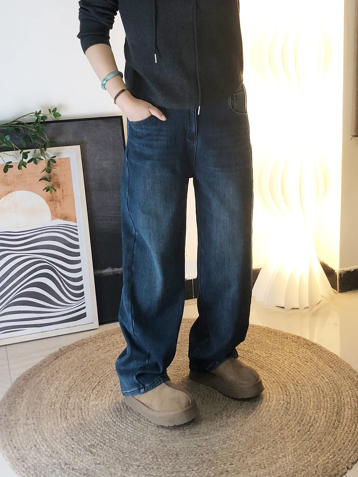 

Джинсы прямого кроя с высокой талией и подкладкой, утягивающие, больших размеров, женская одежда, удобные, из эластичного хлопкового денима