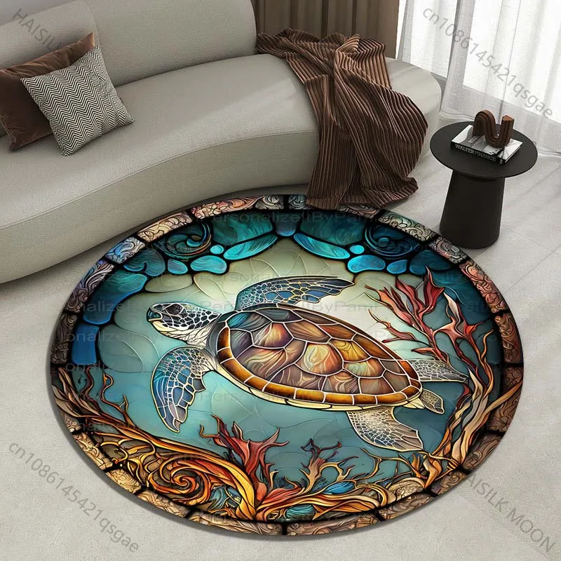 Stained glass sea turtle with coral design Printed round carpet living room sofa table carpet large pet mat soft round carpet