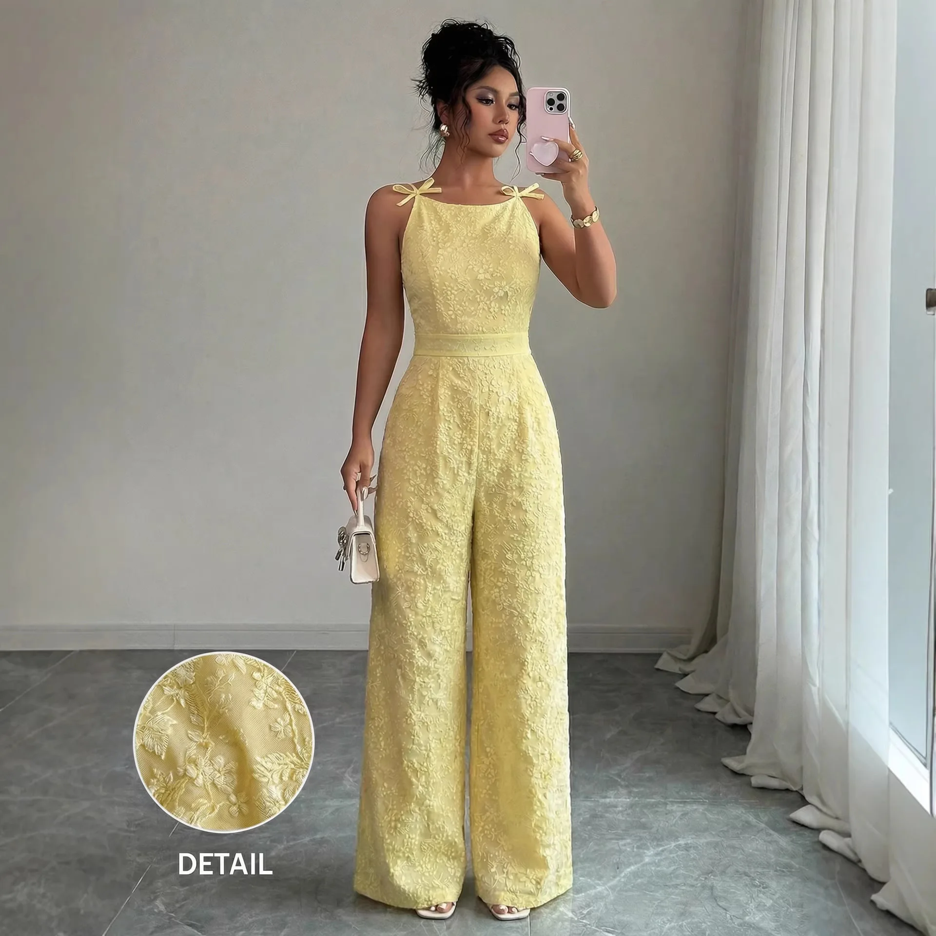 Women's New Bow Decor Spaghetti Strap Sleeveless Back Zipper Slim Waist Wide Leg Long Elegant Slimming Versatile Female Jumpsuit