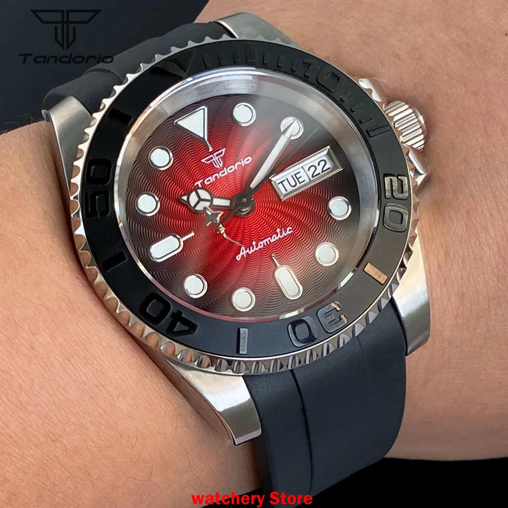 Tandorio 40mm Mechanical Dive Watch Men NH36A Movement Red Dial 200M Waterproof Lume Sapphire Date Week Rubber Strap