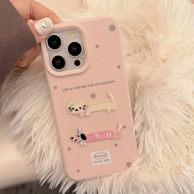 Cartoon Stereoskopische Stickerei Dackel Hund Katze Handyhülle für iPhone 18 17 16 15 14 13 12 11 Pro Max Plus Silikonhülle – Detail 5
