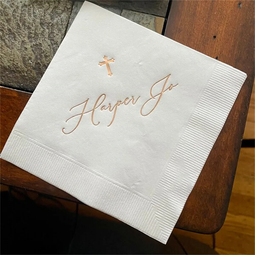 50pcs Personalized Baptism Monogram Napkins Baby Communion Christening Beverage Cross Religious Cocktail Luncheon Guest Towel