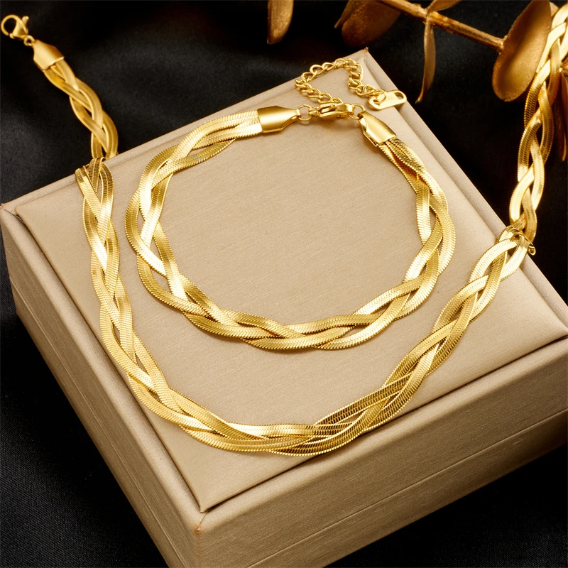 316L Stainless Steel Crossover Snake Chain Necklace and Bracelets Set