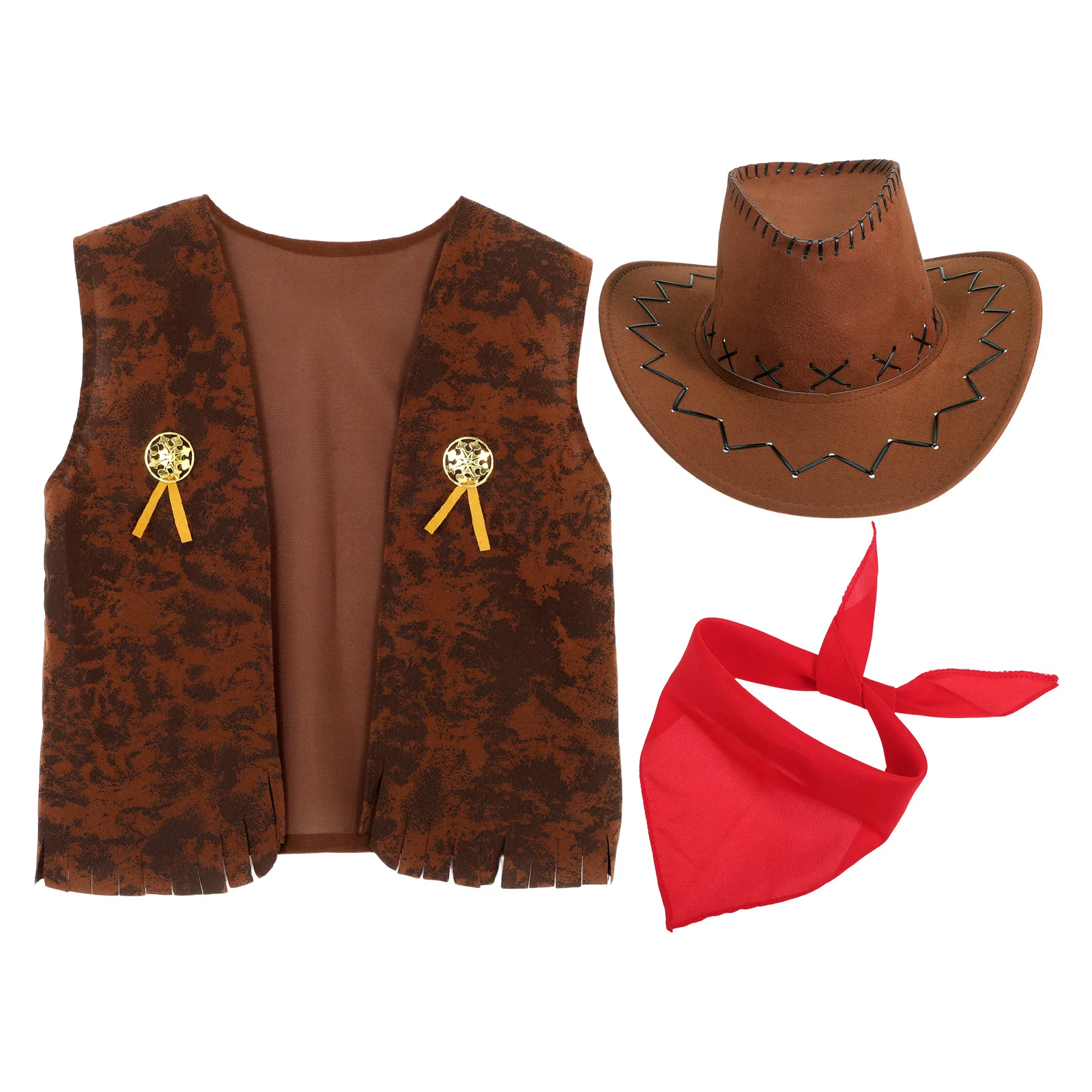 

Adult Western Cowboy Costume Set Brown Xl 140-160 Vest Hat Bandana for Halloween Party Cosplay Cowboy Costume Face Mask