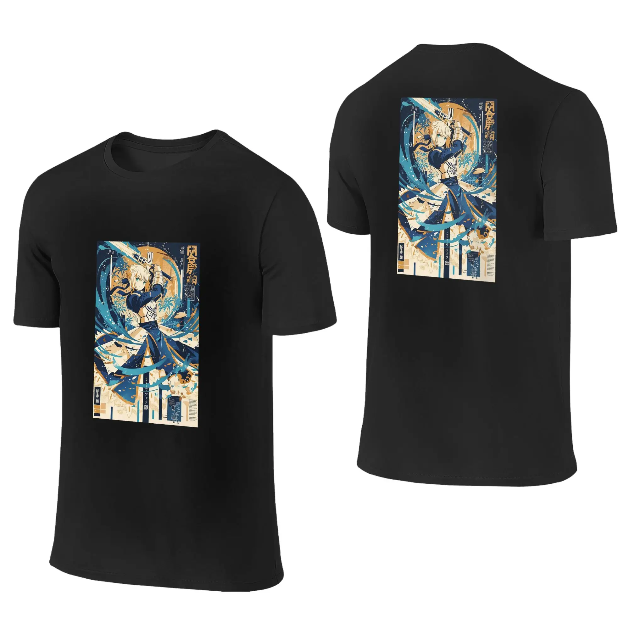 100% Cotton Saber Artoria Battle Ready Fate stay night anime T-Shirt Men's Double Sided T Shirt Men Summer Shirts Tops Oversized