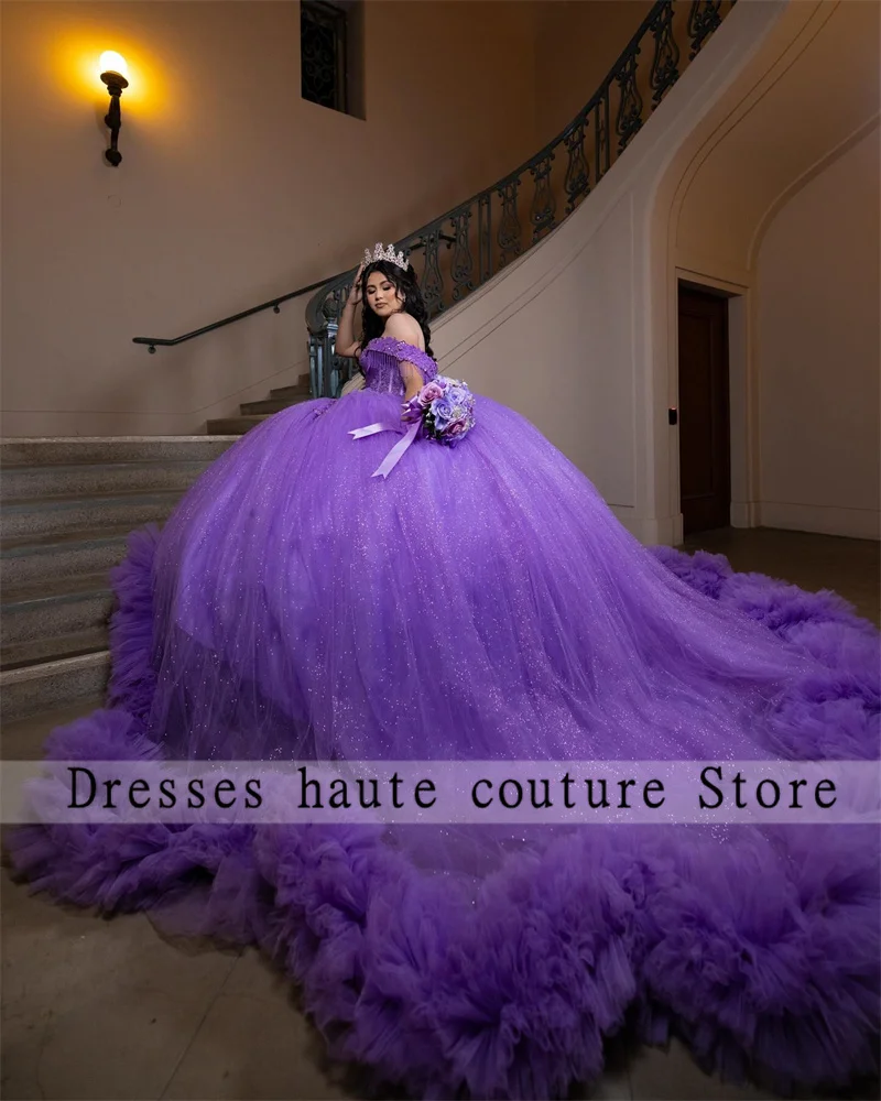 Gaun Tulle Quinceanera ungu Meksiko gaun bola applique ruffle 2025 gaun 16 "Manis disesuaikan vestidos de 15 quincea20era