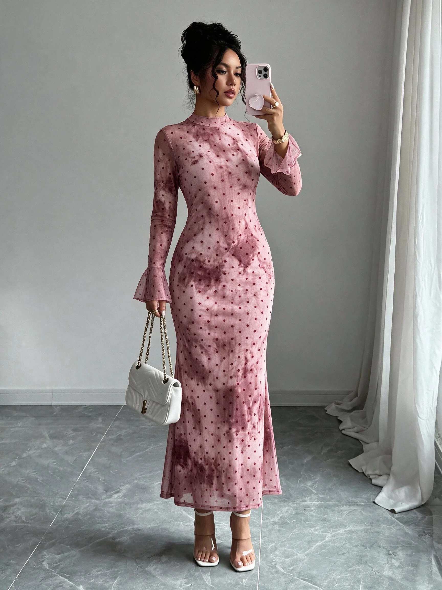 Damen Mesh Langarm Blumenmuster Maxikleid mit ausgestellten Ärmeln, figurbetontes Meerjungfrauenkleid, elegantes Abendkleid für Party und Clubwear. – Detail 9