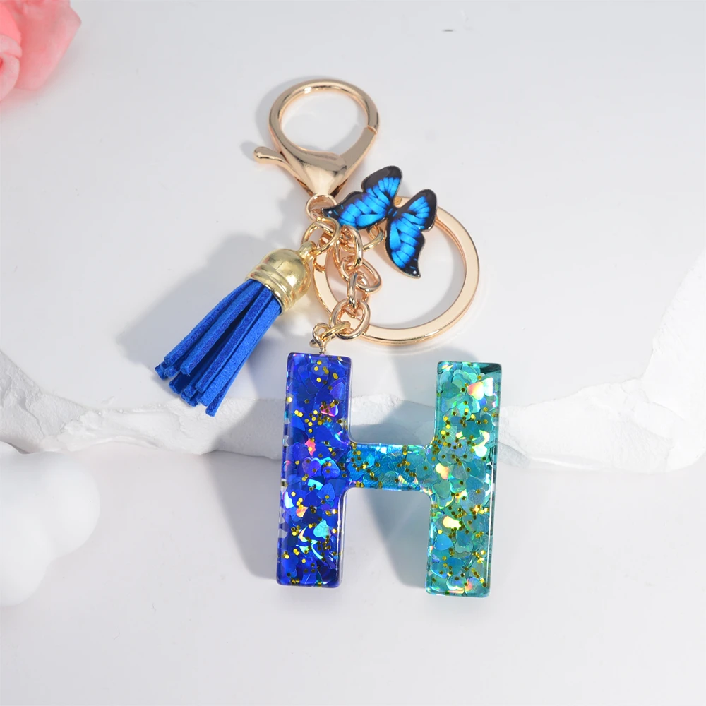 Schlüsselanhänger mit 26 englischen Alphabet-Buchstaben, Quasten, Kristall, Acryl, Schmetterling, Anhänger, Schlüsselanhänger, Geschenk, Modeschmuck, Accessoires