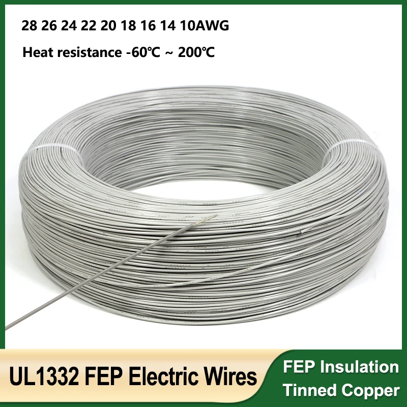 Grey UL1332 PTFE Electric Wire 28 26 24 22 20 18 16 14 10 AWG FEP Insulation Heat-resistant Tinned Copper Cable for 3D Printer
