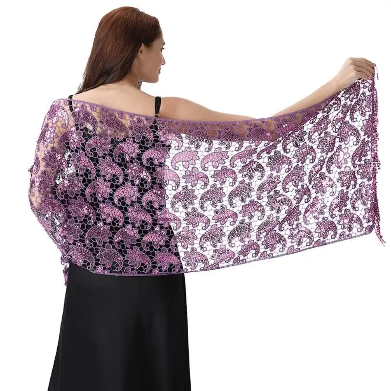 39BD Women Sequined Paisleys Wrap For Evening Party Flowing Fringe Scarf With Durable Embroidery Sequined Shawl for Wedding