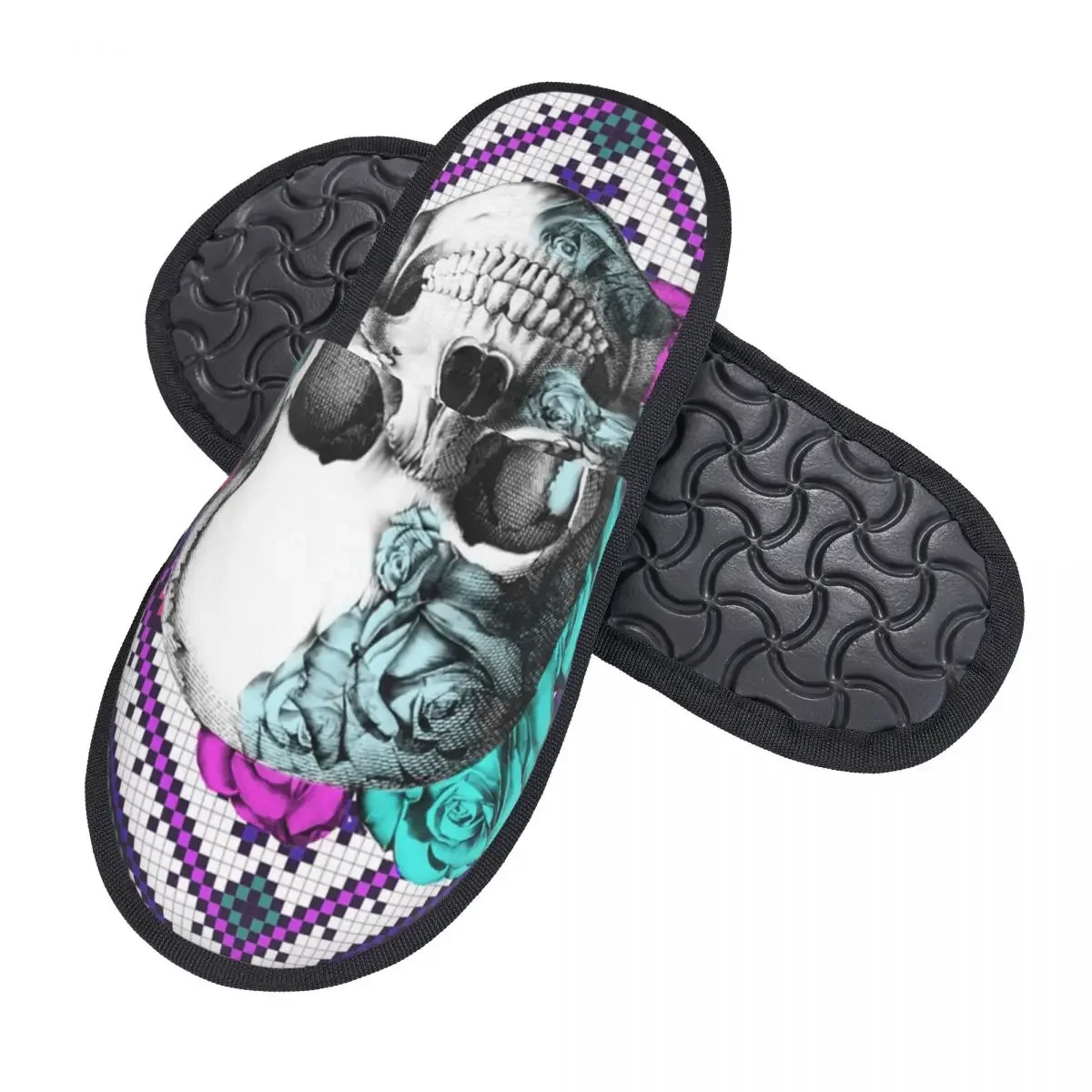 Aztec Rose Skull In And Teal Comfort Scuff With Memory Foam Slippers Women Day Of The Dead Bedroom House Shoes