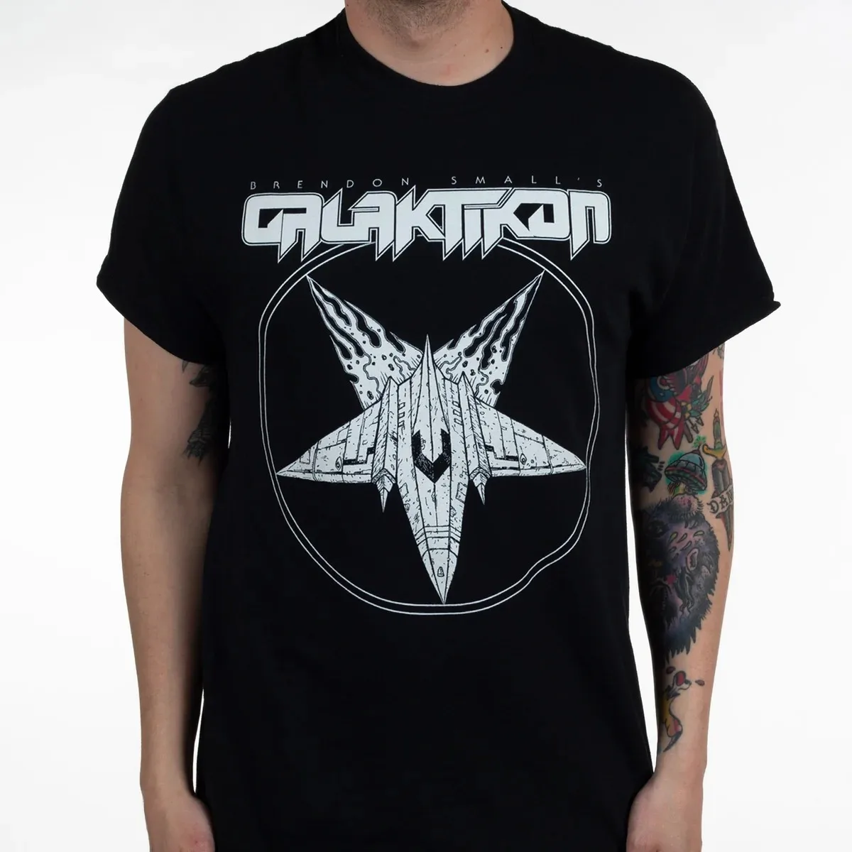 White Line Art Spaceship Logo Galaktikon Print T Shirt, Space Metal Band Fan Collectible Unisex Tee